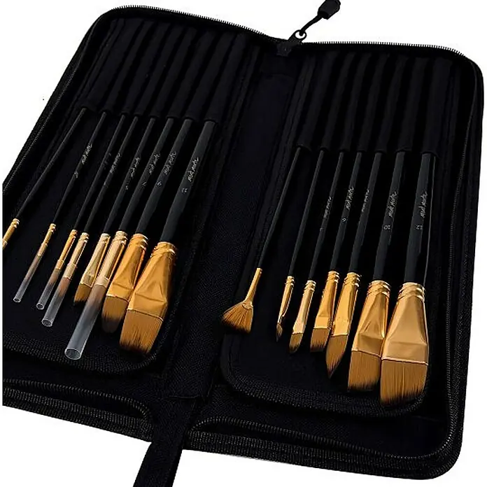 Mont Marte Künstlerpinsel-Set Studio mit Tragtasche - 17 -tlg., Größe Pinsel: 1 x Pinseltasche 1 x Eckpunkt-Liner (0) 5 x Rund (2/0, 0, 1, 2, 4) 5 x Gepolstert (4/0, 3/0, 2/0, 0, 1) 2 x Flach (1,0) 2 x Punktier-Liner (3/0, 4/0)