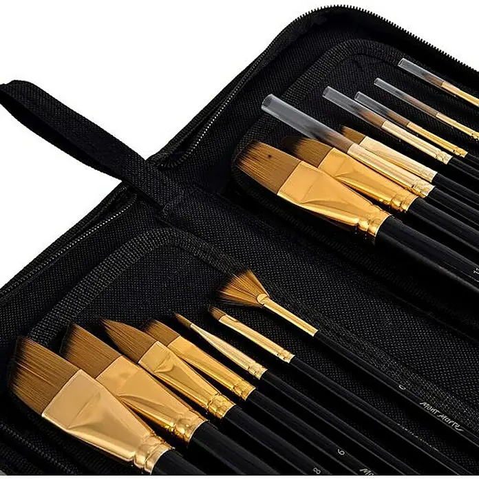 Mont Marte Künstlerpinsel-Set Studio mit Tragtasche - 17 -tlg., Größe Pinsel: 1 x Pinseltasche 1 x Eckpunkt-Liner (0) 5 x Rund (2/0, 0, 1, 2, 4) 5 x Gepolstert (4/0, 3/0, 2/0, 0, 1) 2 x Flach (1,0) 2 x Punktier-Liner (3/0, 4/0)