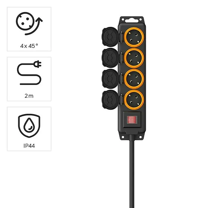 Hama Steckdosenleiste 4-fach 00223063 IP44 Wandmontage - Kabellänge: 2 m - Schwarze IP44 Outdoor-Steckdosenleiste mit vier um 45° gewinkelten Steckdosen, Schutzkappen, rotem Schalter und 2m Kabel.