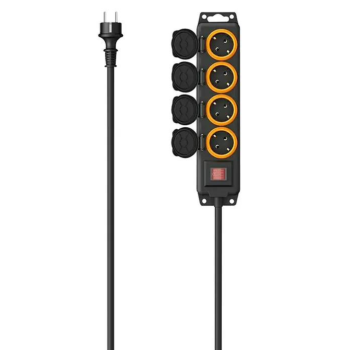 Hama Steckdosenleiste 4-fach 00223063 IP44 Wandmontage - Kabellänge: 2 m - Schwarze Outdoor-Steckdosenleiste mit fünf Steckdosen, orangefarbenen Akzenten, Schutzkappen, rotem Schalter, Stecker und Kabel.