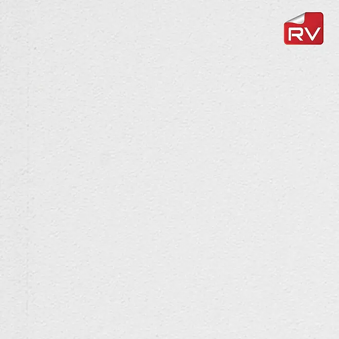 Lámina decorativa autoadhesiva vinílico autoadhesivo a metros - Blanco roto - Logo 'RV' rectangular rojo con letras blancas, esquina superior curvada.