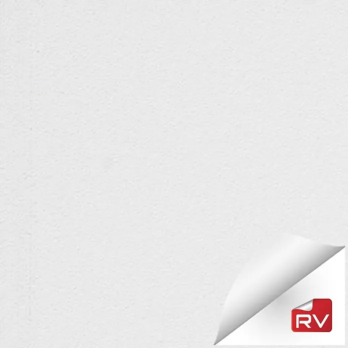 Lámina decorativa autoadhesiva vinílico autoadhesivo a metros - Blanco roto - Superficie blanca texturizada con una esquina curvada que revela un logotipo RV.