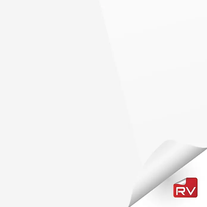 Lámina decorativa autoadhesiva vinílico autoadhesivo a metros - Blanco alto brillo - Una hoja de papel blanca con la esquina inferior derecha doblada y un logo cuadrado rojo 'RV'.