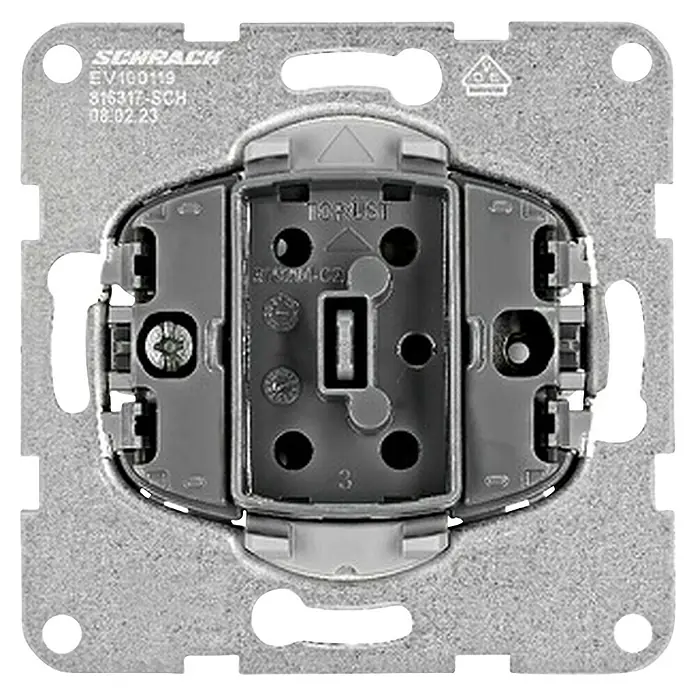 Schrack Schalter Visio S 50/55 - L x B x H: 73,5 x 73,5 x 37,78 mm, Innen, Grau, Kunststoff - Graues Metall-Elektromodul von SCHRACK mit Schraubklemmen, beschriftet mit 'TOPRUST'.