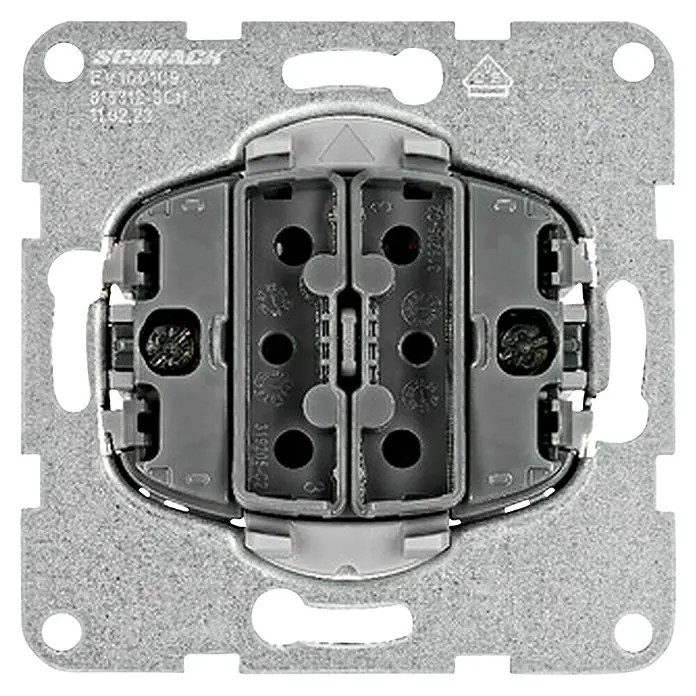 Schrack Serienschalter-Einsatz Visio S 50/55 - L x B x H: 73,5 x 73,5 x 37,78 mm, Grau - Graues Elektroverdrahtungsmodul, Rückansicht, mit Schraubklemmen für Anschlüsse.