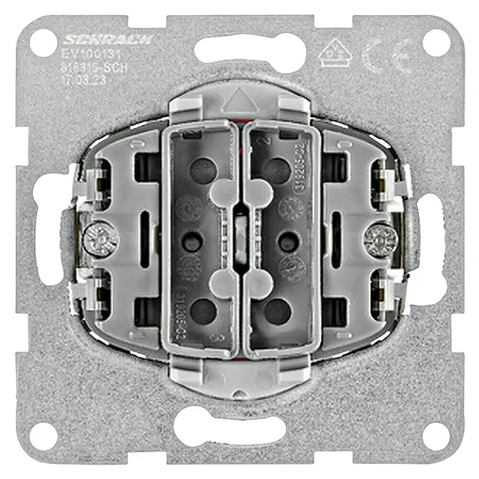 Schrack Doppelwechselschalter Visio S 50/55 - L x B x H: 73,5 x 73,5 x 37,78 mm, Grau, Unterputzmontage - Grauer elektrischer Schaltereinsatz mit Metallrahmen und Kunststoffgehäuse, mit Schraubklemmen für die Verkabelung.