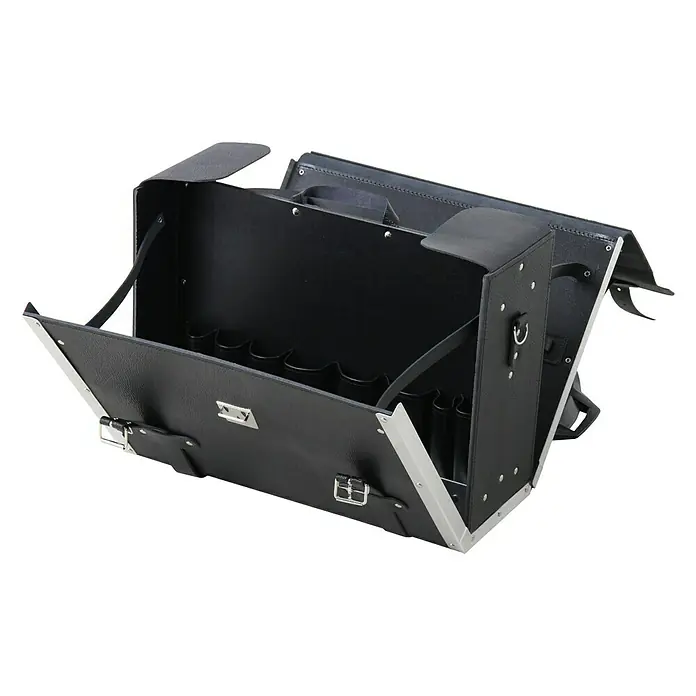 Hepco & Becker Werkzeugtasche Favorit 7121 - Innenmaß: B x T x H: 420 x 170 x 320 mm, Leder - Geöffnete schwarze Werkzeugtasche mit silbernen Akzenten, ideal für die Aufbewahrung verschiedener Werkzeuge.