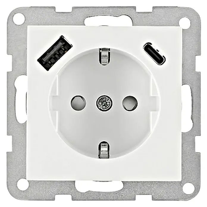 Schrack Steckdosen-Einsatz Visio S55 - Weiß, Kunststoff, Unterputzmontage - Weiße Steckdose mit integrierten USB-A- und USB-C-Ladeanschlüssen, eingebettet in einen silbernen Metallmontagerahmen.