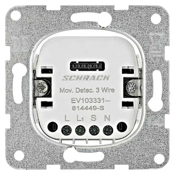 Schrack Bewegungsmelder VISIO S 50/55 - L x B x H: 70 x 70 x 3,6 mm, Weiß, Metall - Rückseite eines weißen SCHRACK 3-Draht Bewegungsmeldermoduls mit grauem Metallrahmen, zeigt elektrische Anschlüsse.