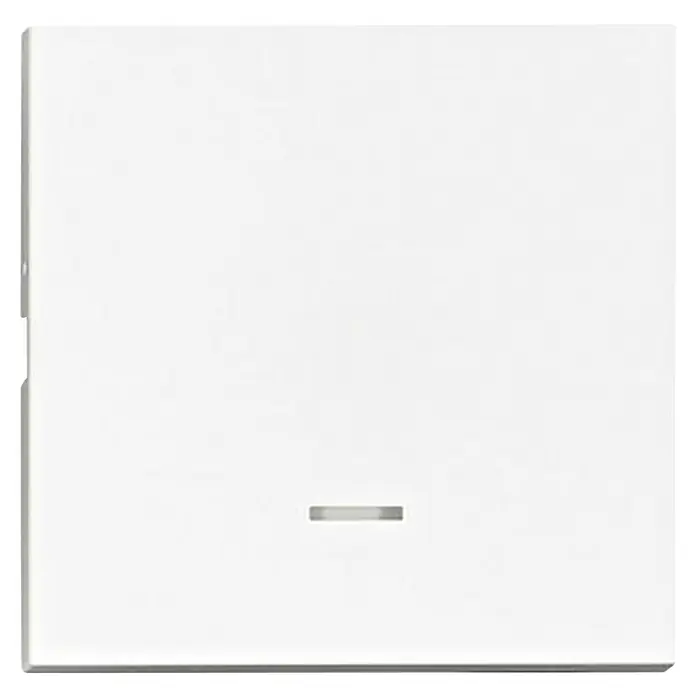 Schrack Wippschalter Visio S 55 - L x B x H: 55 x 55 x 7 mm, Kunststoff, mit Linse - Weißer, rechteckiger Lichtschalter mit einer kleinen horizontalen Anzeigeleuchte unten in der Mitte.