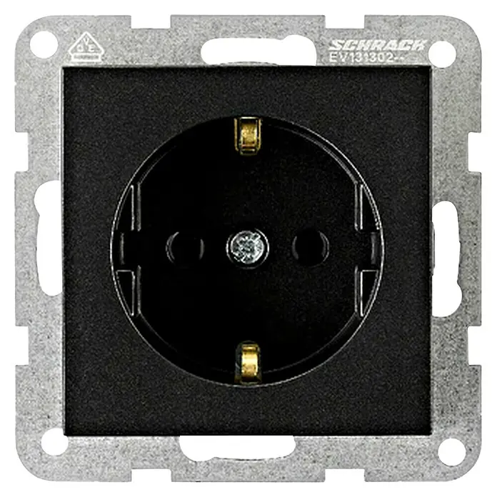 Schrack Steckdose Visio S 55 - L x B x H: 70 x 70 x 41 mm, Schwarz, Kunststoff - Schwarzer Schuko-Steckdosen-Einsatz, SCHRACK EV131302, mit grauem Befestigungsrahmen.