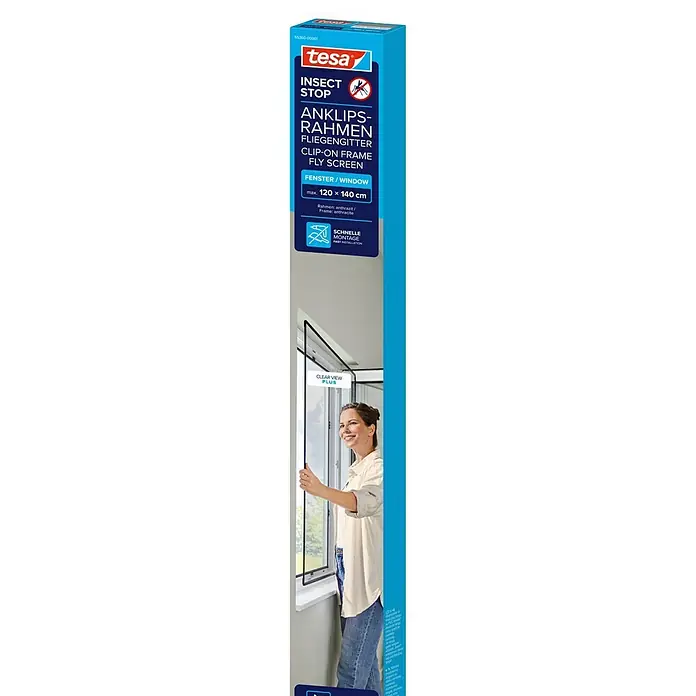 Tesa Insektenschutzfenster Insect Stop Anklipsrahmen - B x H: 1,2 x 1,4 m, Montage Insektengitter: Klemmen, Anthrazit - Tesa Anklips-Fliegengitter (max. 120x140 cm, anthrazit) in blauer Verpackung, mit Montagebild. Schnelle Installation.