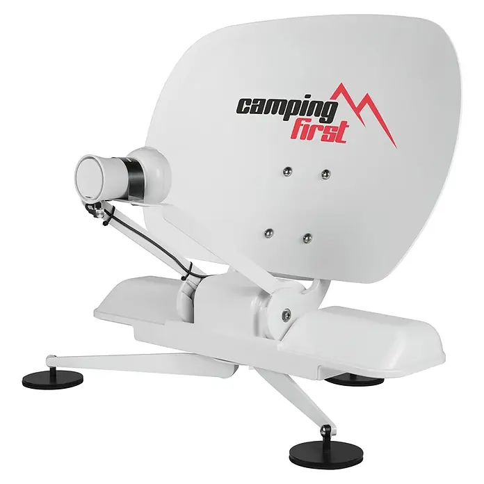 Camping First Satelliten-Antenne Satmex mobil 3 - Anzahl Nutzer: 1, Weiß - Weiße, tragbare Satellitenschüssel mit "camping first" Logo und schwarzen Füßen.