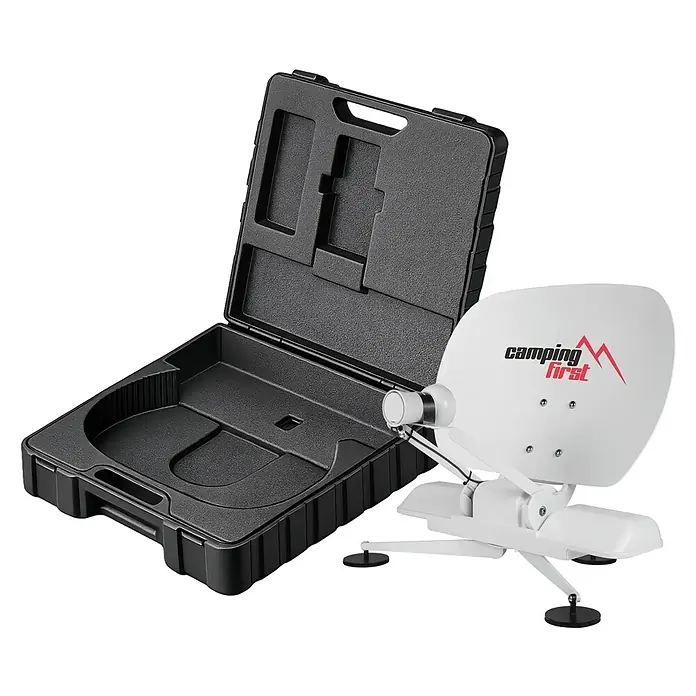 Camping First Satelliten-Antenne Satmex mobil 3 - Anzahl Nutzer: 1, Weiß - Weiße portable Satellitenschüssel mit schwarzem 'camping first' Logo, neben einem geöffneten schwarzen Hartschalenkoffer mit maßgeschneiderter Inneneinlage.