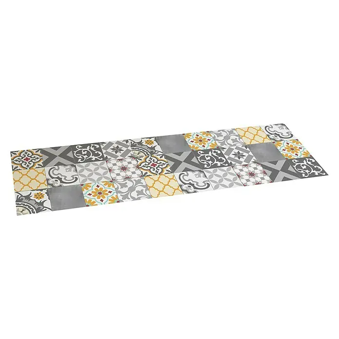 Alfombra de vinilo Croma Patch - Gris/Amarillo, 200 x 60 cm - Una alfombra con un diseño patchwork colorido formado por baldosas cuadradas en tonos grises, amarillos y marrones. Quedaría perfecta en cualquier habitación.