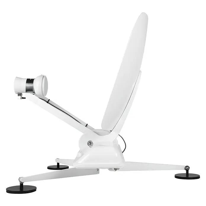 Camping First Satelliten-Antenne Satmex mobil 3 - Anzahl Nutzer: 1, Weiß - Weiße Satellitenschüssel mit LNB und schwarzen Standfüßen für klaren TV-Empfang.