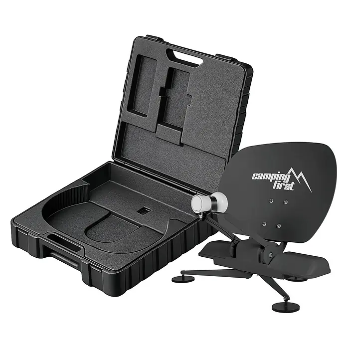 Camping First Satelliten-Antenne Satmex mobil 3 - Anzahl Nutzer: 1, Grau - Schwarze tragbare Satellitenschüssel mit LNB und offenem Hartschalenkoffer für Camping.