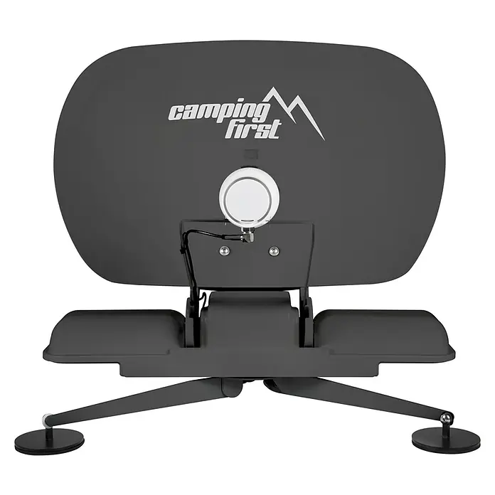 Camping First Satelliten-Antenne Satmex mobil 3 - Anzahl Nutzer: 1, Grau - Dunkelgraue, tragbare Campingsatellitenschüssel mit weißem LNB und klappbarem Ständer.