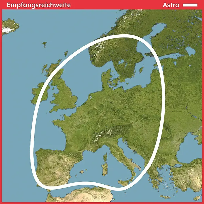 Camping First Satelliten-Antenne Satmex mobil 3 - Anzahl Nutzer: 1, Weiß - Karte Europas mit der Astra Satelliten-Empfangsreichweite, weiß umrandet.