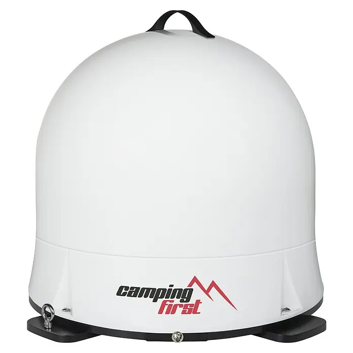 Camping First Satelliten-Antenne Satmex Dome - L x B x H: 66 x 66 x 31 cm, Anzahl Nutzer: 1, Weiß - Weiße, kuppelförmige, tragbare Satellitenantenne mit schwarzem Griff und „camping first“-Logo auf schwarzem Sockel.