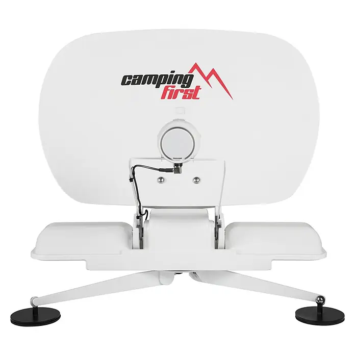 Camping First Satelliten-Antenne Satmex mobil 3 - Anzahl Nutzer: 1, Weiß - Weiße tragbare Campingsatellitenschüssel mit 'Camping First'-Logo und schwarzen Standfüßen.