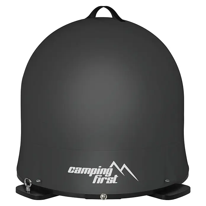 Camping First Satelliten-Antenne Satmex Dome - L x B x H: 66 x 66 x 31 cm, Anzahl Nutzer: 1, Schwarz - Dunkelgraue, kuppelförmige, tragbare Satellitenschüssel mit Griff und "camping first" Logo.