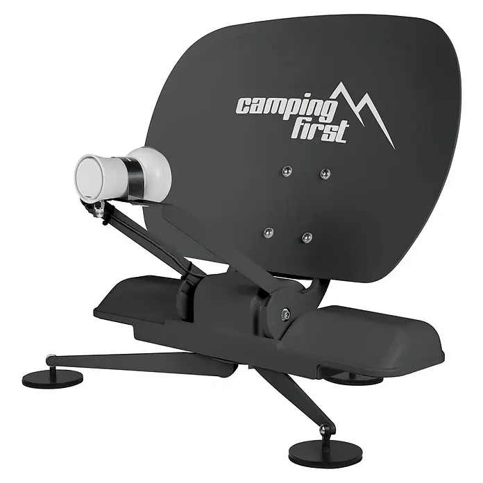 Camping First Satelliten-Antenne Satmex mobil 3 - Anzahl Nutzer: 1, Grau - Dunkelgraue tragbare Satellitenschüssel mit weißem LNB und robustem schwarzem Klappständer, mit "camping first" Logo.