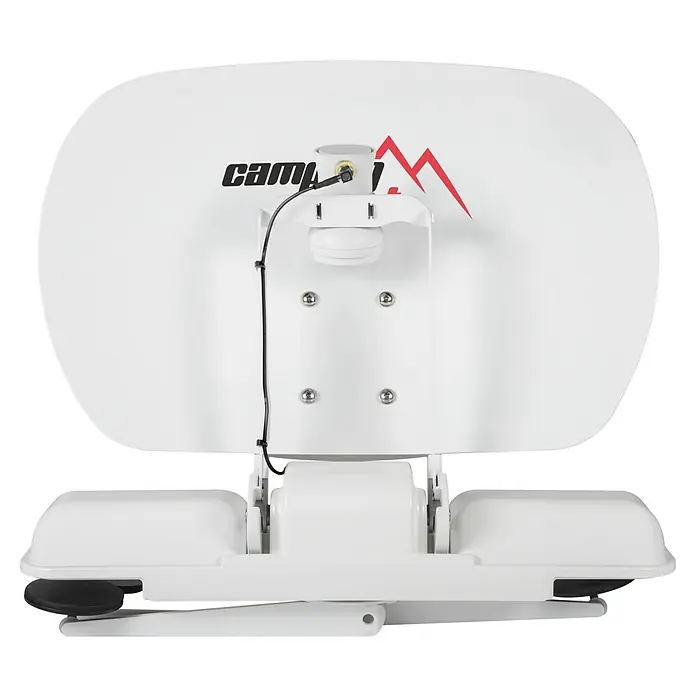 Camping First Satelliten-Antenne Satmex mobil 3 - Anzahl Nutzer: 1, Weiß - Weiße mobile Satellitenantenne für Wohnmobile/Camping, mit schwarzem Kabel und dem 'CAMP'-Logo.