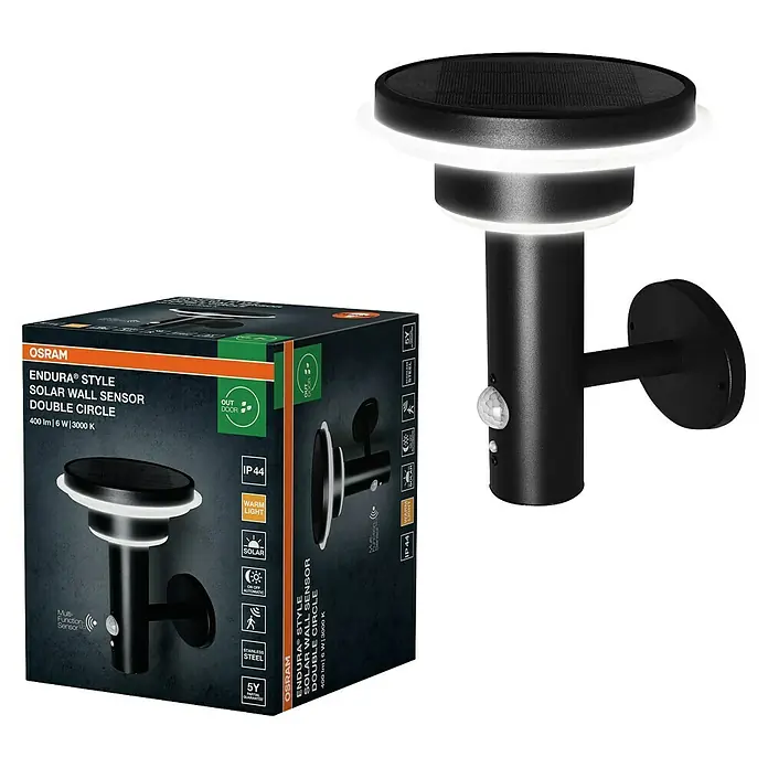 Osram LED-Wandleuchte Endura Style Solar - 6 W, L x B x H: 18,5 x 17,8 x 22 cm, Schwarz, Warmweiß - Schwarze Solar-Wandleuchte mit Doppelkreis-Design und Bewegungssensor.