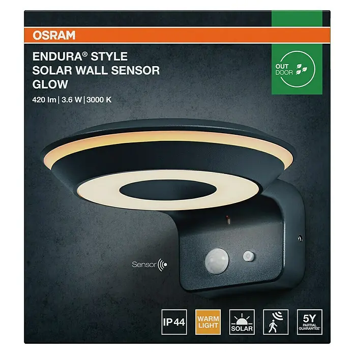Osram LED-Solar-Außenwandleuchte Endura Style - 3,6 W, Aluminium, Warmweiß, Anthrazit - Dunkelgraue moderne OSRAM Solar-Wandleuchte mit warmweißem LED-Ring und integriertem Bewegungssensor für den Außenbereich.