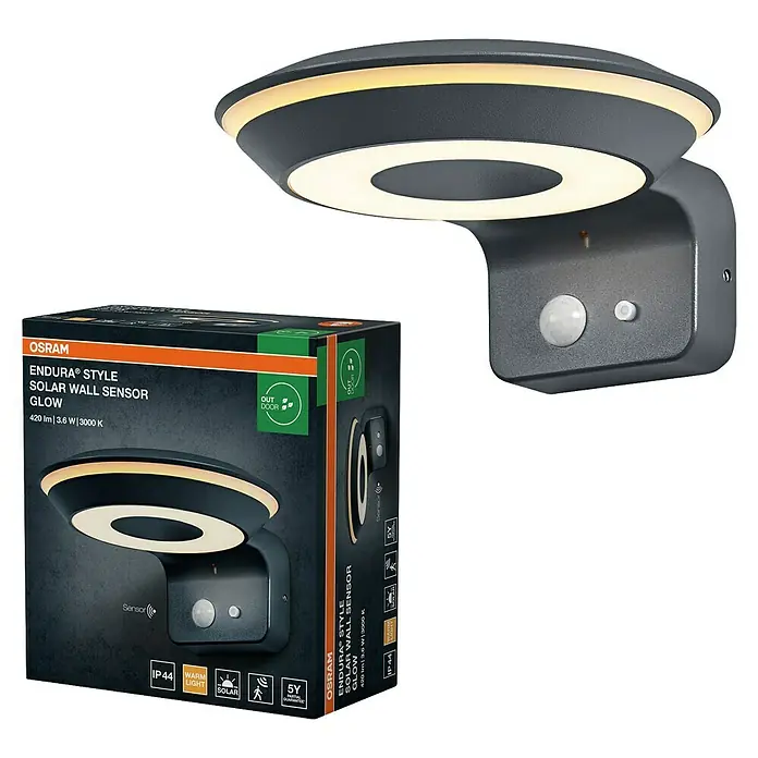 Osram LED-Solar-Außenwandleuchte Endura Style - 3,6 W, Aluminium, Warmweiß, Anthrazit - Moderne dunkelgraue Solar-Wandleuchte mit kreisförmigem warmem LED-Licht und integriertem Bewegungssensor.
