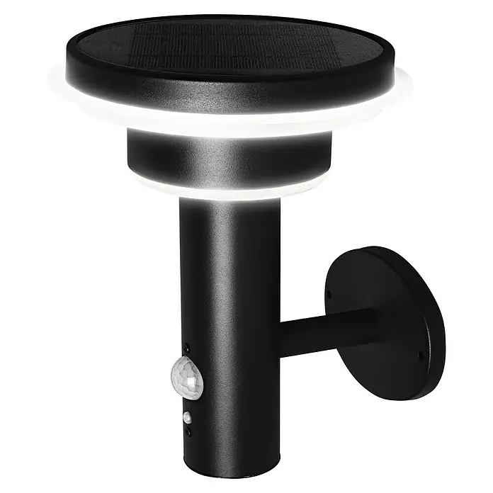 Osram LED-Wandleuchte Endura Style Solar - 6 W, L x B x H: 18,5 x 17,8 x 22 cm, Schwarz, Warmweiß - Schwarze solarbetriebene LED-Wandleuchte mit leuchtenden Ringen, Solarpanel und Bewegungssensor für den Außenbereich.