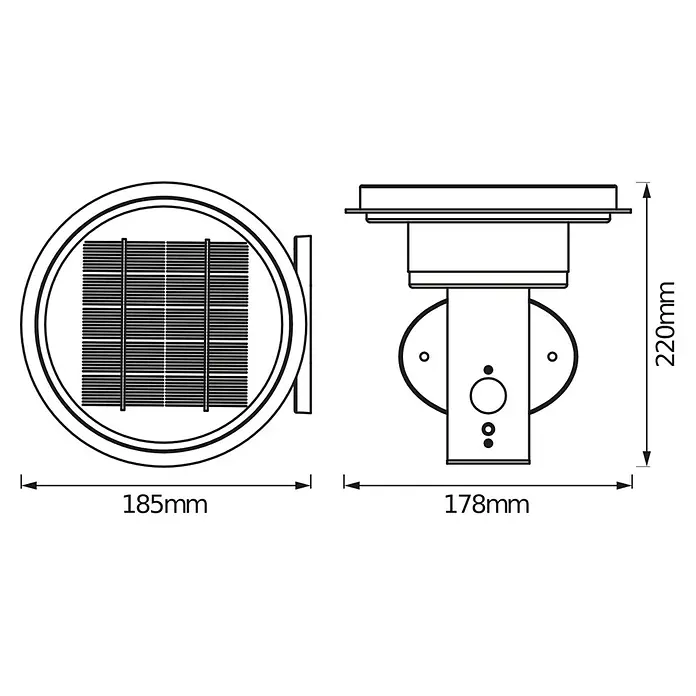 Osram LED-Wandleuchte Endura Style Solar - 6 W, L x B x H: 18,5 x 17,8 x 22 cm, Schwarz, Warmweiß - Technische Zeichnung einer solarbetriebenen Wandleuchte. Mit rundem Solarpanel, 185mm breit, 220mm hoch, 178mm tief.