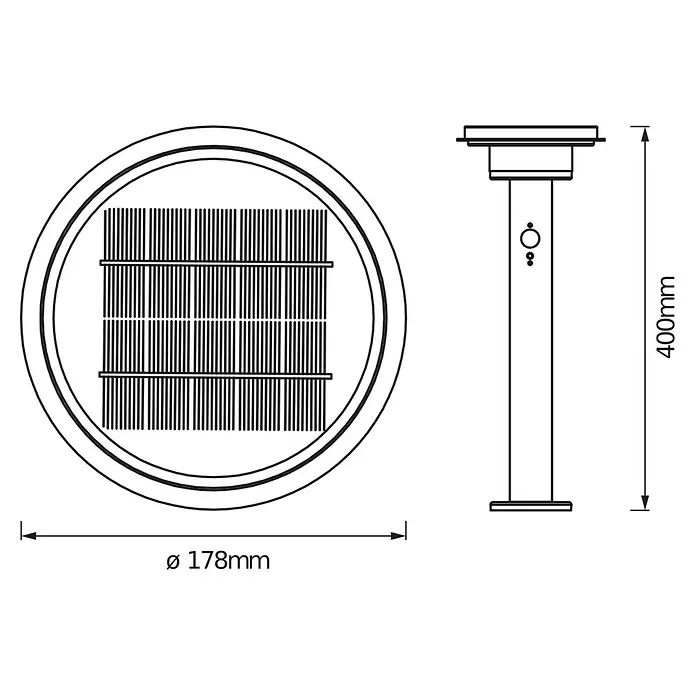 Osram Außenstehleuchte Endura Style solar -  - Technische Zeichnung einer zylindrischen Solarleuchte mit runder Oberseite und integriertem Solarpanel. Maße: Ø 178mm, H 400mm.