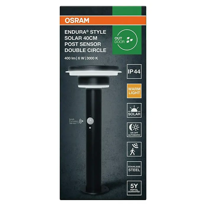 Osram Außenstehleuchte Endura Style solar -  - Schwarze 40cm Solar-LED-Pfostenleuchte mit Multifunktionssensor, warmem Licht und Edelstahl für den Außenbereich.