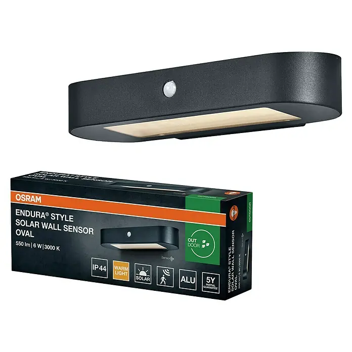 Osram LED-Wandleuchte Endura Style Solar mit Sensor - 4 W, L x B x H: 20 x 12,4 x 4,5 cm, Anthrazit, Warmweiß - Dunkelgraue ovale Solar-Wandleuchte mit integriertem Bewegungssensor, zusammen mit der Produktverpackung.