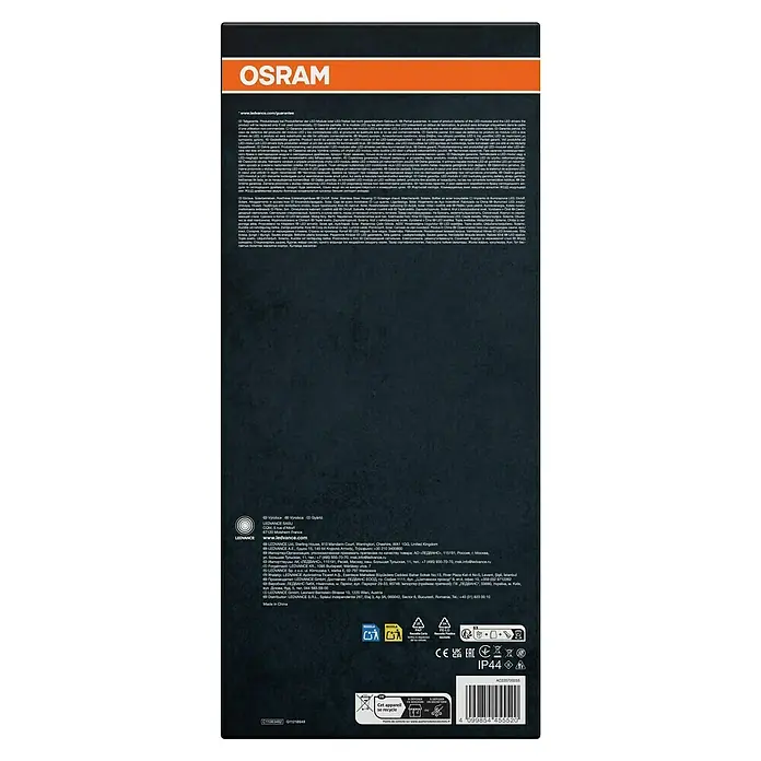 Osram Außenstehleuchte Endura Style solar -  - Verpackung für eine OSRAM/LEDVANCE Solar-LED-Leuchte mit Edelstahlgehäuse, warmem Licht und IP44-Schutzart, mit mehrsprachigen Produktinformationen.