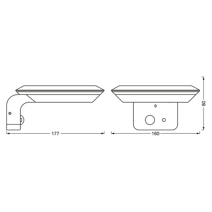 Osram LED-Solar-Außenwandleuchte Endura Style - 3,6 W, Aluminium, Warmweiß, Anthrazit - Technische Zeichnung einer Wandleuchte mit abgewinkeltem Arm, detailliert mit Maßen.