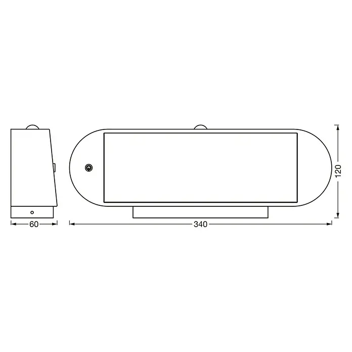 Osram LED-Wandleuchte Endura Style Solar mit Sensor - 4 W, L x B x H: 20 x 12,4 x 4,5 cm, Anthrazit, Warmweiß - Technische Zeichnung einer rechteckigen LED-Wandleuchte mit abgerundeten Enden, Seiten- und Draufsicht, Maße 340x120mm.