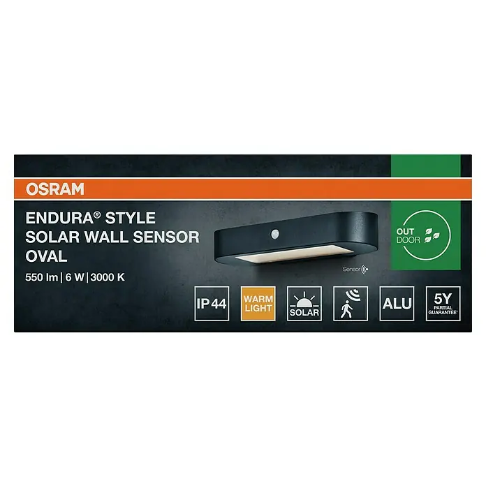 Osram LED-Wandleuchte Endura Style Solar mit Sensor - 4 W, L x B x H: 20 x 12,4 x 4,5 cm, Anthrazit, Warmweiß - Dunkelgraue ovale OSRAM Solar-Wandsensorleuchte aus Aluminium für den Außenbereich mit warmem Licht.