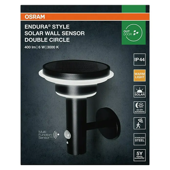Osram LED-Wandleuchte Endura Style Solar - 6 W, L x B x H: 18,5 x 17,8 x 22 cm, Schwarz, Warmweiß - Schwarze OSRAM Solar-Wandleuchte aus Edelstahl mit doppelten Leuchtringen und integriertem Bewegungssensor.