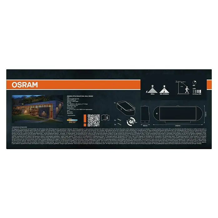 Osram LED-Wandleuchte Endura Style Solar mit Sensor - 4 W, L x B x H: 20 x 12,4 x 4,5 cm, Anthrazit, Warmweiß - OSRAM ENDURA STYLE Solar-Oval-Wandleuchte aus dunklem Aluminium, beleuchtet ein modernes Haus bei Nacht mit Bewegungssensor.