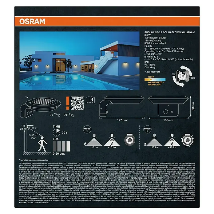 Osram LED-Solar-Außenwandleuchte Endura Style - 3,6 W, Aluminium, Warmweiß, Anthrazit - Dunkelgraue Solar-LED-Wandleuchte an einem modernen Haus. Mit Bewegungssensor, warmem Licht und zwei Beleuchtungsmodi.