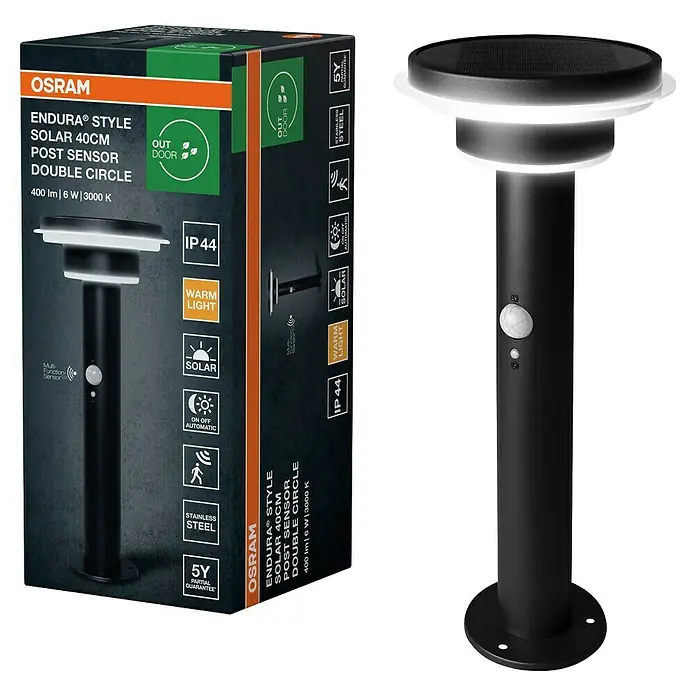 Osram Außenstehleuchte Endura Style solar -  - Schwarze OSRAM Endura Style 40cm Solar-LED-Pfostenleuchte mit Sensor, warmem Licht für den Außenbereich, aus Edelstahl, mit Verpackung.