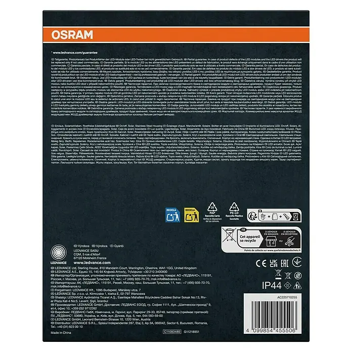 Osram LED-Wandleuchte Endura Style Solar - 6 W, L x B x H: 18,5 x 17,8 x 22 cm, Schwarz, Warmweiß - OSRAM LEDVANCE Produktverpackung mit mehrsprachiger Garantie, Recyclingsymbolen und Zulassungszeichen, Made in China.