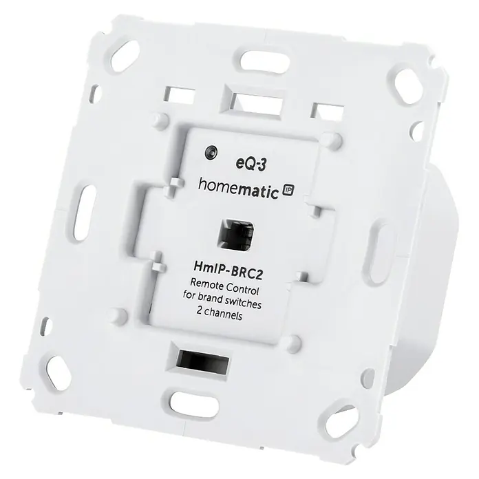 Homematic IP Funk-Wandtaster HmIP-BRC2 - 2-fach, Unterputz, 230 V, 37 x 71 x 71 mm - Nahaufnahme der Rückseite eines Homematic IP-Funkschalters für Markenschalter mit zwei Kanälen, ideal für die Hausautomation.