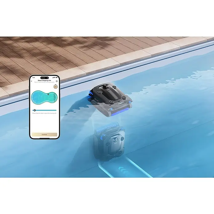 Mova Poolroboter Rover X10 - Akkubetrieben, Passend für: Pools bis 500 m² Grundfäche, Filterleistung: 38.000 l/h - Ein schwarzer Roboter-Poolreiniger mit blauen Akzenten ist in einem Pool zu sehen, während eine Smartphone-App Optionen zur Auswahl eines Stopppunkts anzeigt.