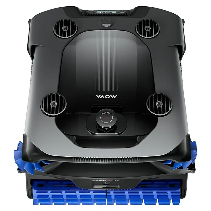 Mova Poolroboter Rover X10 - Akkubetrieben, Passend für: Pools bis 500 m² Grundfäche, Filterleistung: 38.000 l/h - Schwarzer und grauer Roboter-Poolreiniger mit blauen Bürsten, von oben gesehen, mit elegantem Design und "Aquascan 360" Wählscheibe.