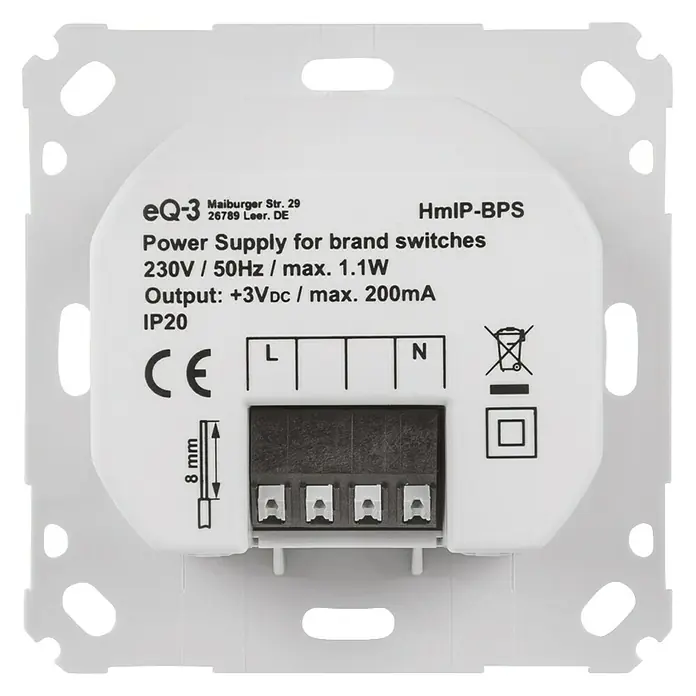 Homematic IP Netzteil HmIP-BPS-2 - Netzspannung: 230 V - Nahaufnahme eines eQ-3 HmIP-BPS Netzteil für Markenschalter, das eine Stromversorgung von 230V bietet, mit CE-Kennzeichnung und technischen Daten.