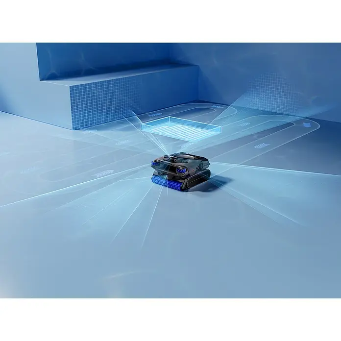 Mova Poolroboter Rover X10 - Akkubetrieben, Passend für: Pools bis 500 m² Grundfäche, Filterleistung: 38.000 l/h - Ein schwarz-blauer Roboter-Poolreiniger navigiert ein blaues Pool-Umfeld mit digitaler Wegplanung.